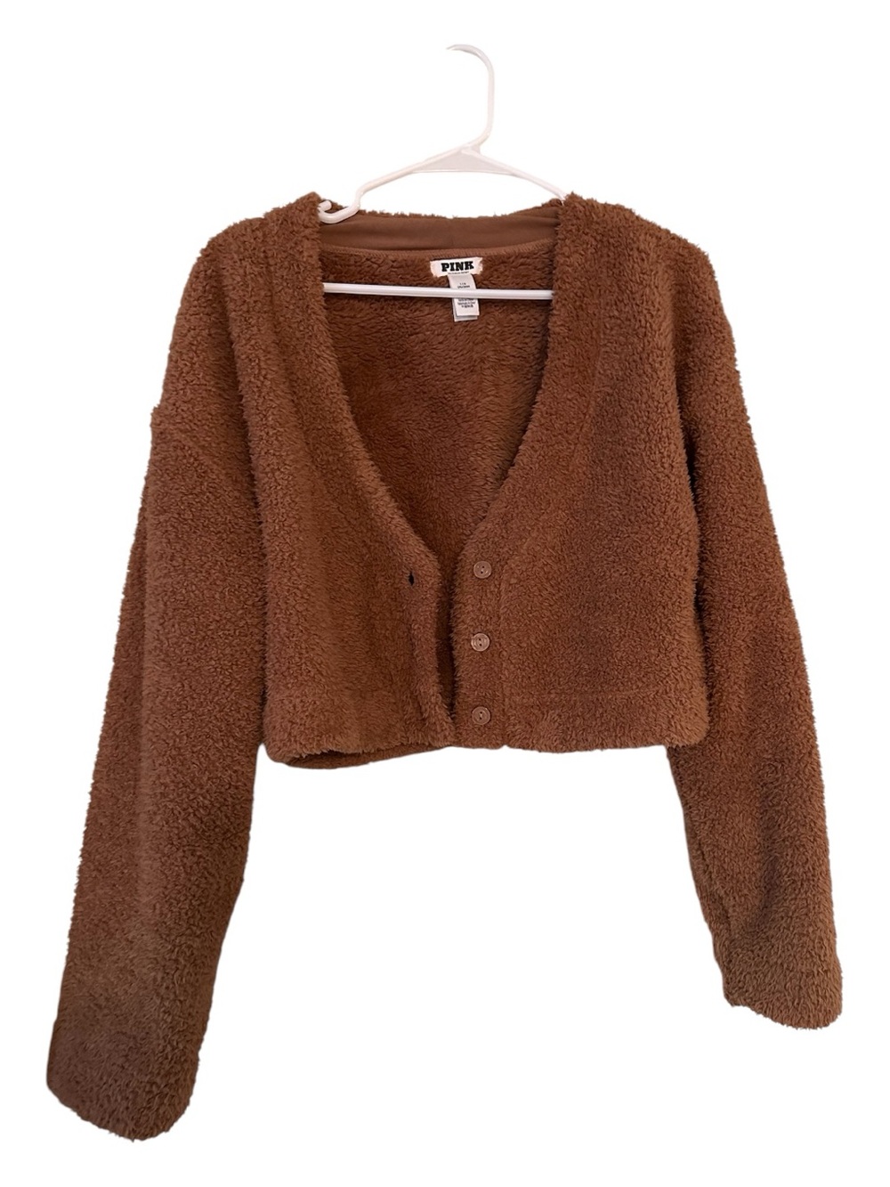 PINK Victoria's Secret Cropped Teddy Sherpa Button-Up Jacket in Brown